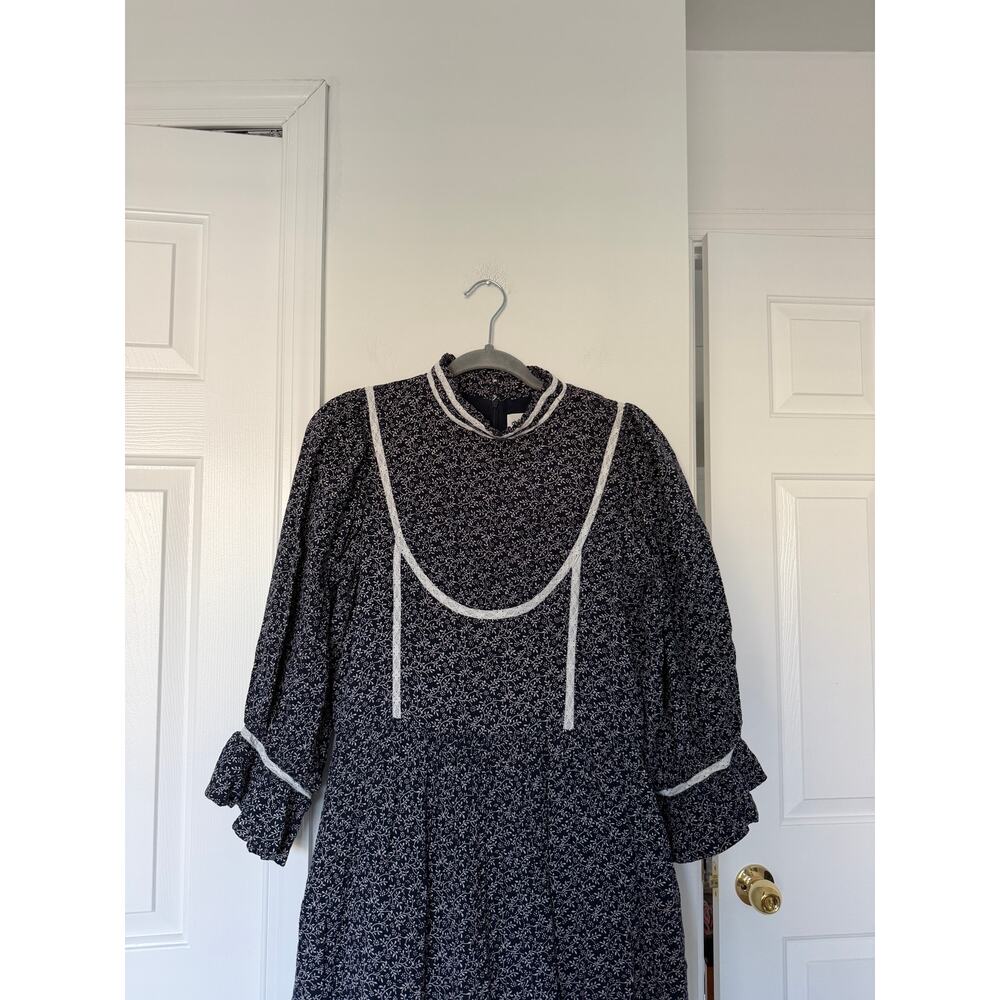 Meadows 100% Cotton Cottage Core Navy and White Floral Amaryllis Midi Dress - Picture 3 of 7